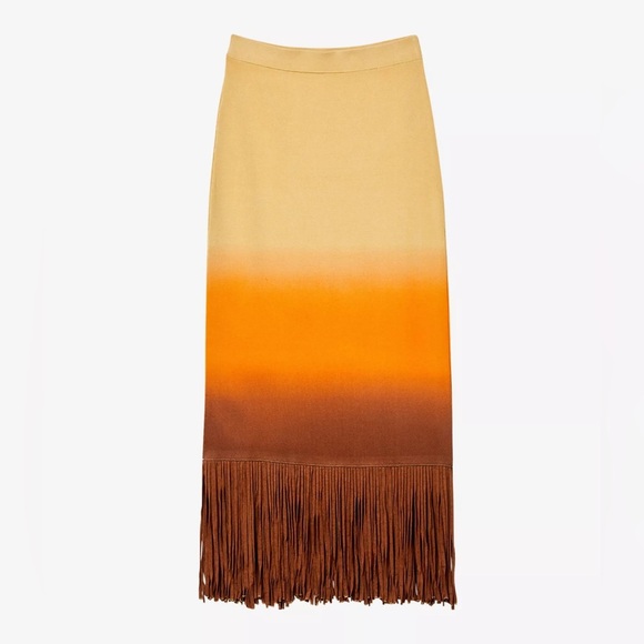 Sandro Dresses & Skirts - Sandro Aldira Fringe Dip Dye Ombré Festival Midi Column Skirt Brown Tan Orange